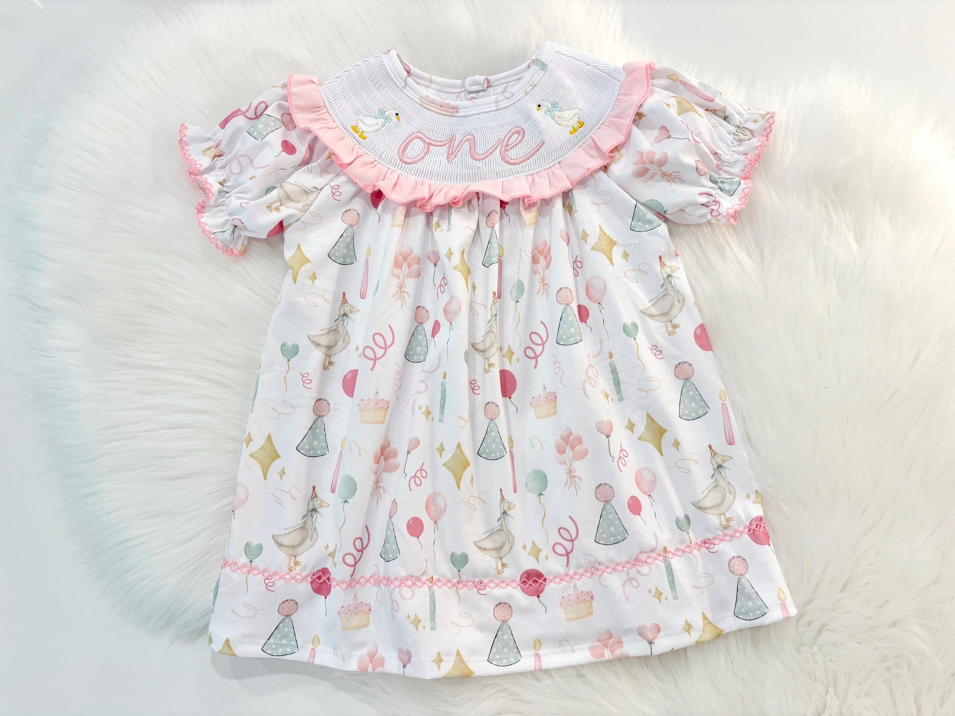 ONE Silly Goose First Birthday Girl Smocked Ruffle Dress – The Mod Mango Baby Co
