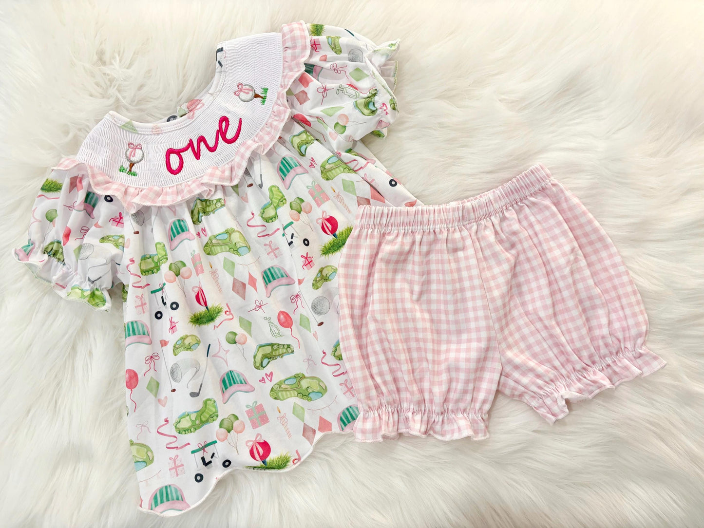 hole in one golf outfit shirt and bubble shorts first birthday girl romper spring baby pink and white gingham argyle green hot pink scalloped shirt shorts outfit, ONE smocked romper first birthday par tee, golfing golf balls embroidered smocked 1st birthday outfit romper baby girls golf first birthday outfit