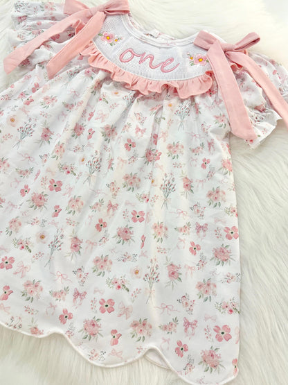 wild one wildflower girls first birthday dress outfit blush pink flowers and bows first birthday girl dress pink and white outfit, dusty rose blush pink green floral smocked dress first birthday embroidered flowers smocked short sleeve 1st birthday outfit ruffle scalloped dress