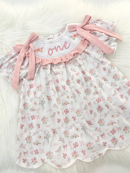 wild one wildflower girls first birthday dress outfit blush pink flowers and bows first birthday girl dress pink and white outfit, dusty rose blush pink green floral smocked dress first birthday embroidered flowers smocked short sleeve 1st birthday outfit ruffle scalloped dress