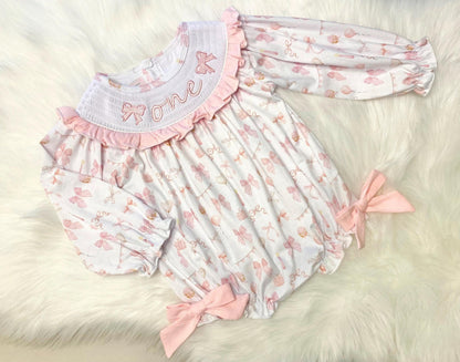 pink bow first birthday girl romper pink and white outfit, girsl just want to be one pink white smocked bubble romper first birthday winter bows ruffle bows  embroidered smocked long sleeve 1st birthday outfit romper baby girls