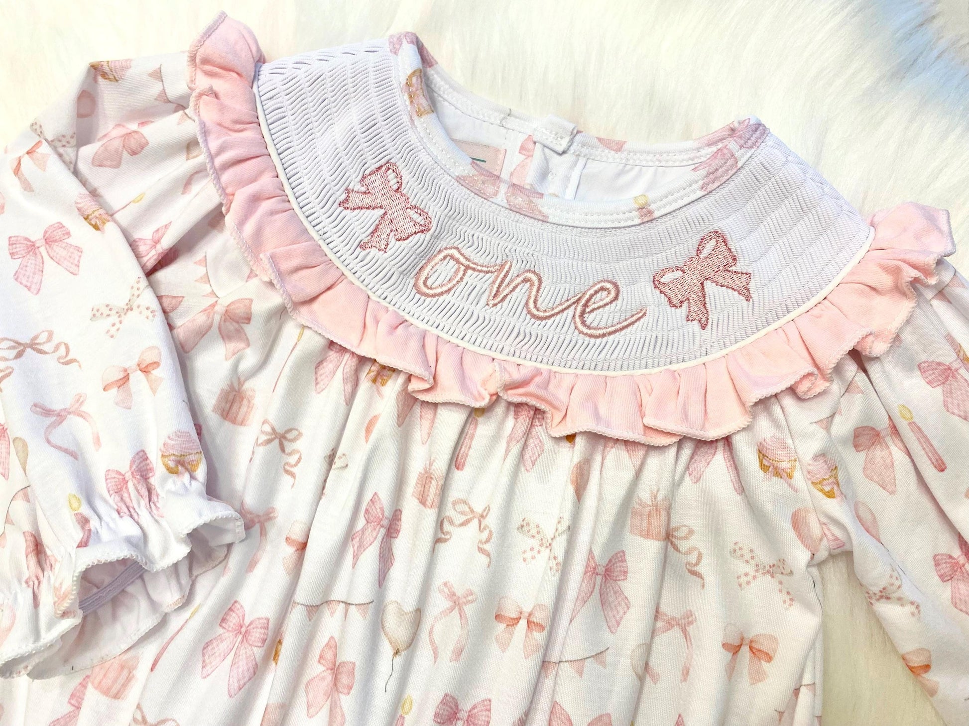 pink bow first birthday girl romper pink and white outfit, pink white smocked bubble romper first birthday winter bows ruffle bows  embroidered smocked long sleeve 1st birthday outfit romper baby girls