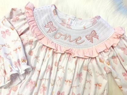 pink bow first birthday girl romper pink and white outfit, pink white smocked bubble romper first birthday winter bows ruffle bows  embroidered smocked long sleeve 1st birthday outfit romper baby girls