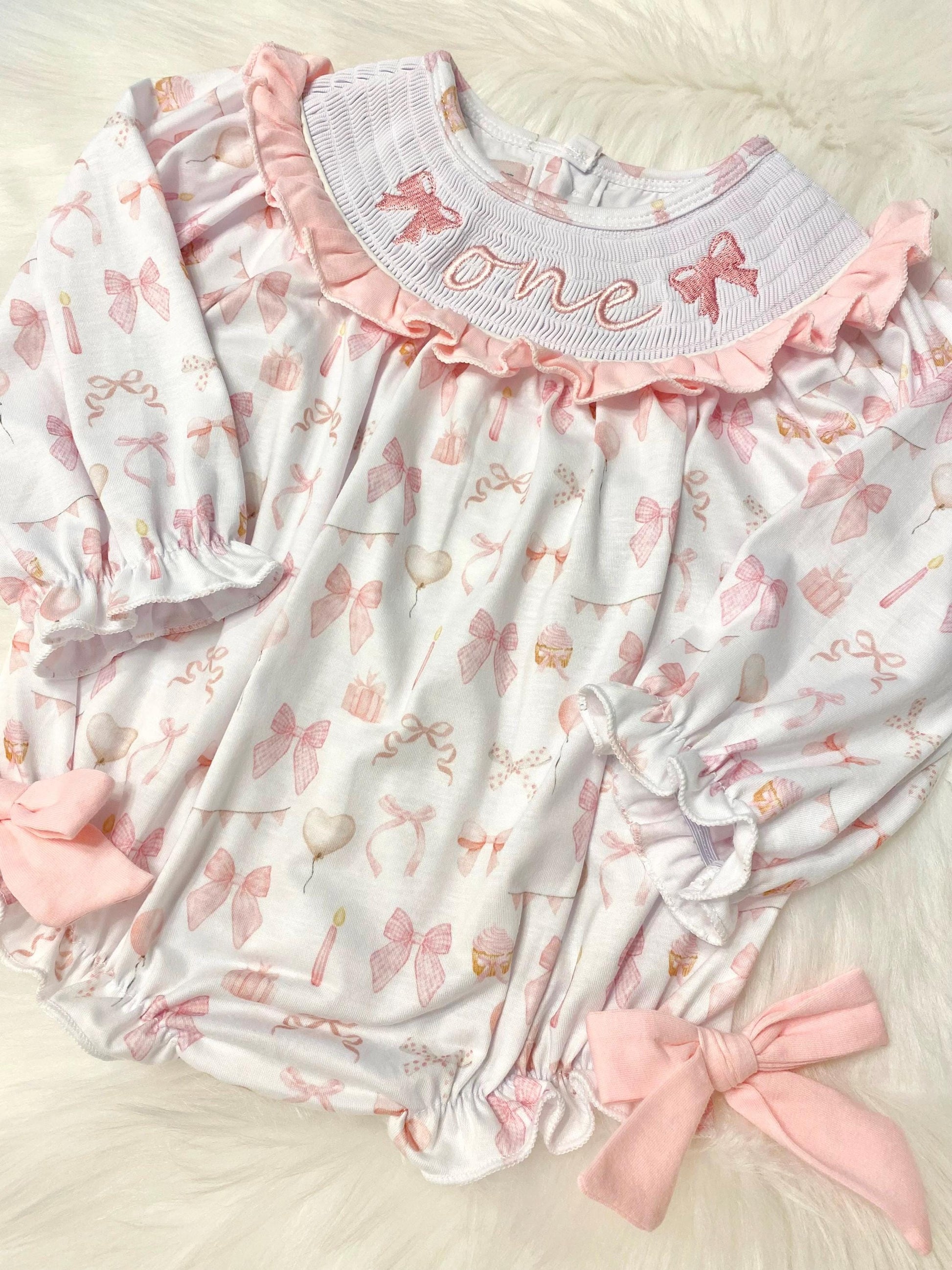 pink bow first birthday girl romper pink and white outfit, pink white smocked bubble romper first birthday winter bows ruffle bows  embroidered smocked long sleeve 1st birthday outfit romper baby girls