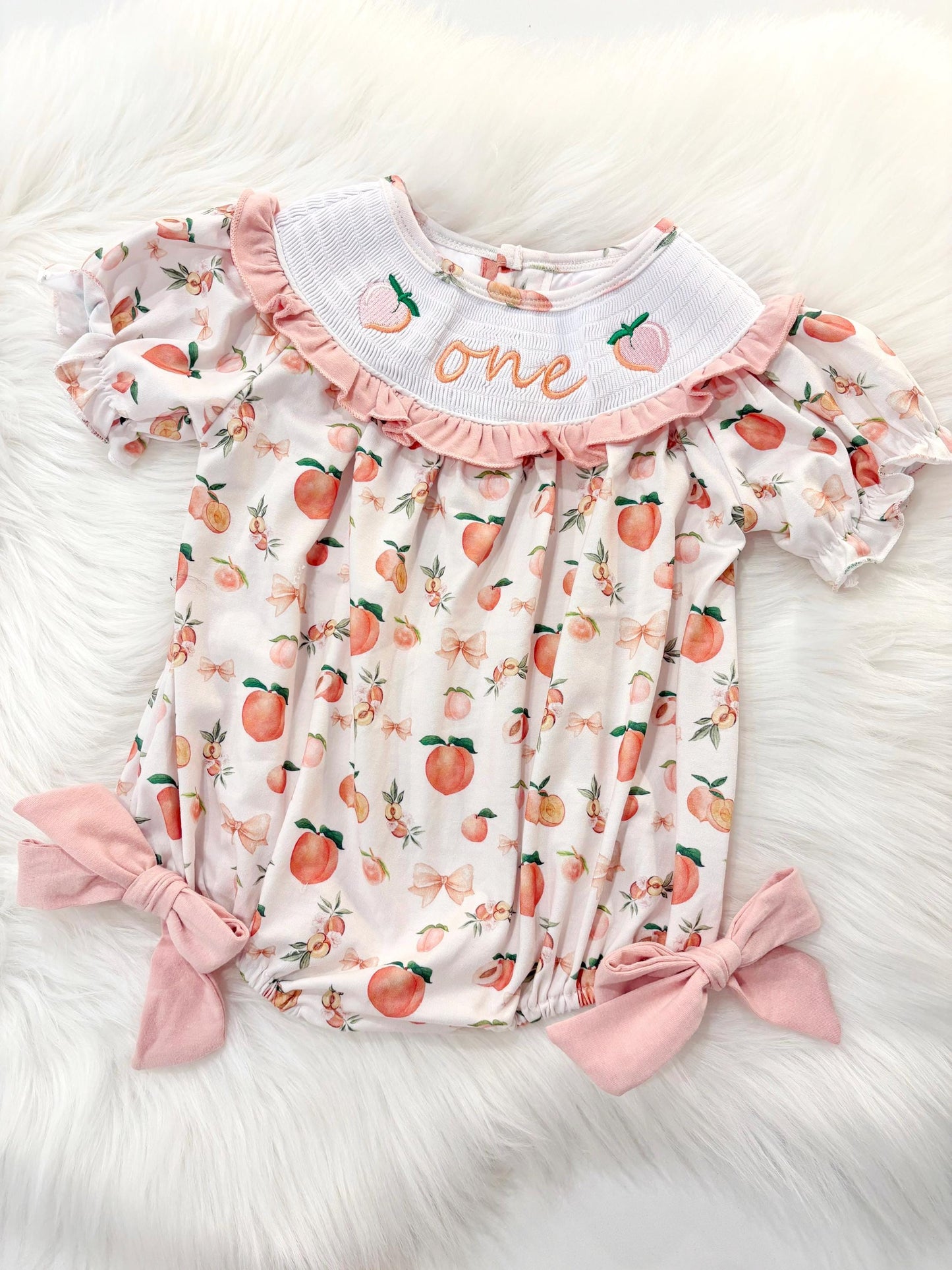 one sweet peach girls first birthday bubble romper outfit peachy blush pink bows first birthday girl romper peach and white outfit, peach smocked dress first birthday embroidered peaches smocked short sleeve 1st birthday outfit ruffle bubble romper baby girls