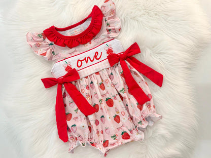 berry first birthday outfit bubble romper red and pink strawberries and bows first birthday girl romper pink red and white gingham outfit, girls berry sweet red white smocked bubble romper first birthday spring summer bows ruffle embroidered smocked strawberry 1st birthday outfit romper baby girl