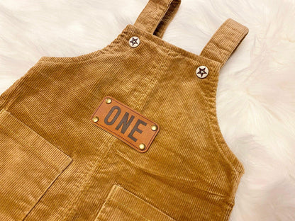 Brown tan cream neutral one boys romper first birthday overalls outfit, leather one patch, beary first, one happy camper, woodland first birthday, corduroy overalls baby boys first birthday outfit, fall winter boy birthday baby boys one romper outfit
