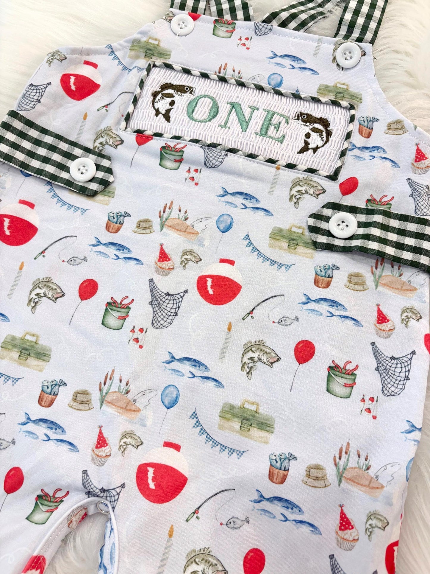 ofishally one first birthday boy romper fishing hunter green white gingham red blue smash cake outfit overalls, ONE smocked romper first birthday fish party fishing, outdoors embroidered smocked spring summer 1st birthday boy outfit romper baby boys