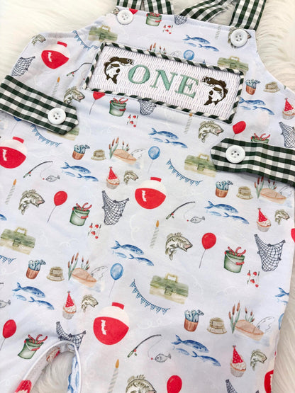 ofishally one first birthday boy romper fishing hunter green white gingham red blue smash cake outfit overalls, ONE smocked romper first birthday fish party fishing, outdoors embroidered smocked spring summer 1st birthday boy outfit romper baby boys
