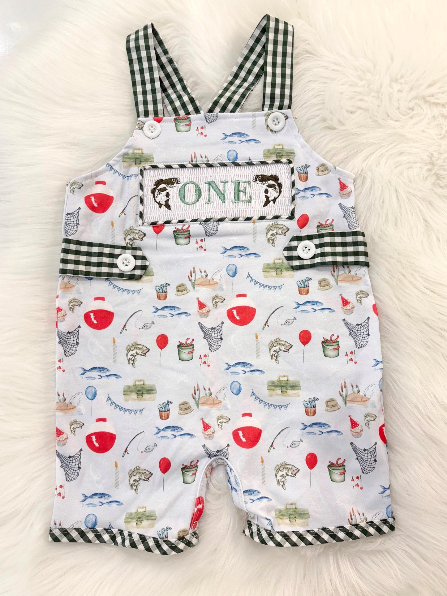 ofishally one first birthday boy romper fishing hunter green white gingham red blue smash cake outfit overalls, ONE smocked romper first birthday fish party fishing, outdoors embroidered smocked spring summer 1st birthday boy outfit romper baby boys