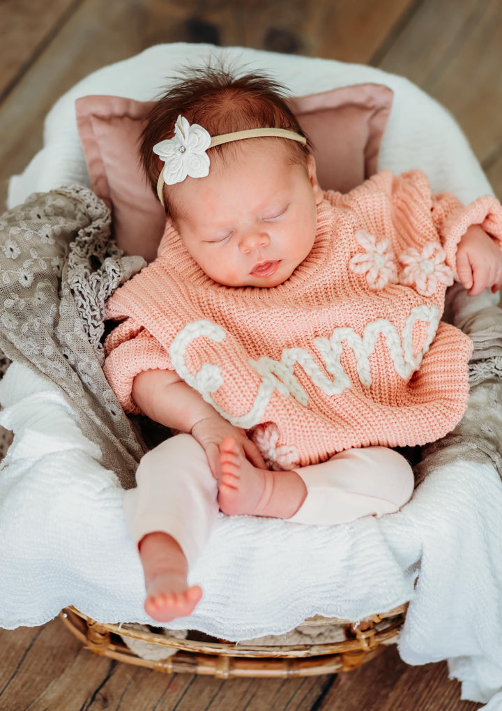 hand embroidered baby sweater with flowers for baby girl, personalized baby shower gift for girl, light pink blush beige cream baby gift, pregnancy announcement, newborn milestone baby sweater hand embroidered