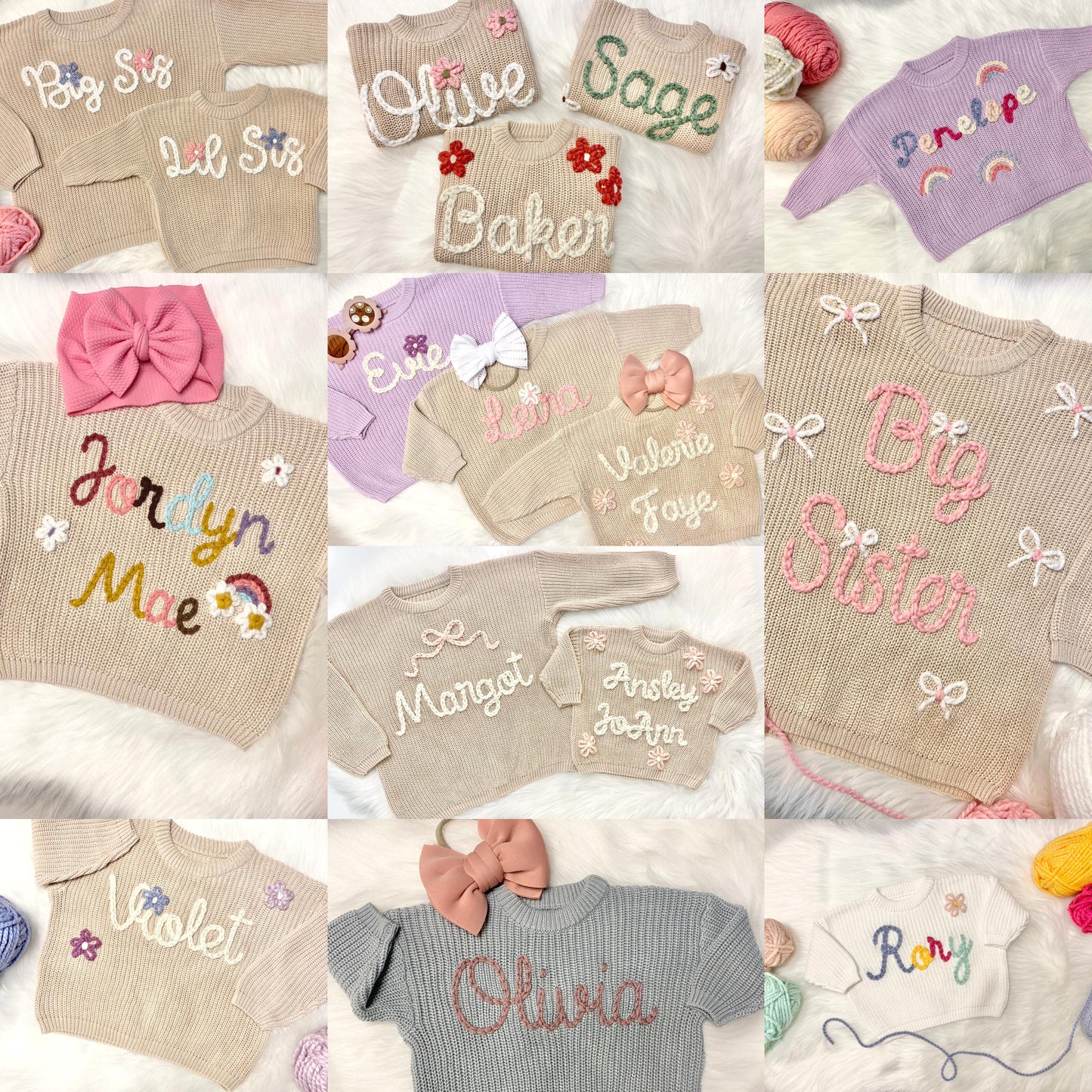 hand stitched Baby Girls Chunky Knit Hand Embroidered Custom Baby Name Sweater, Oversized Sweater for Baby girls, toddler girls sweater, baby boys sweater, toddler boys sweater, colorful, rainbow letter neutral beige cream sweater with name for baby