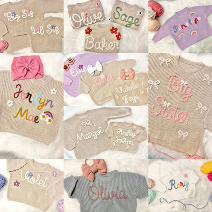 hand stitched Baby Girls Chunky Knit Hand Embroidered Custom Baby Name Sweater, Oversized Sweater for Baby girls, toddler girls sweater, baby boys sweater, toddler boys sweater, colorful, rainbow letter neutral beige cream sweater with name for baby