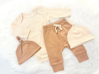 newborn baby boy twins outfit baby shower gift set bodysuit onesie hat joggers pants gift set, coming home outfit, going home outfit, take home outfit, newborn hospital basics, boy baby shower gift, organic cotton ribbed romper tie hat long sleeves boutique baby gift, twins, triplets' multiples outfits boy newborn baby khaki beige blue cream brown checkered