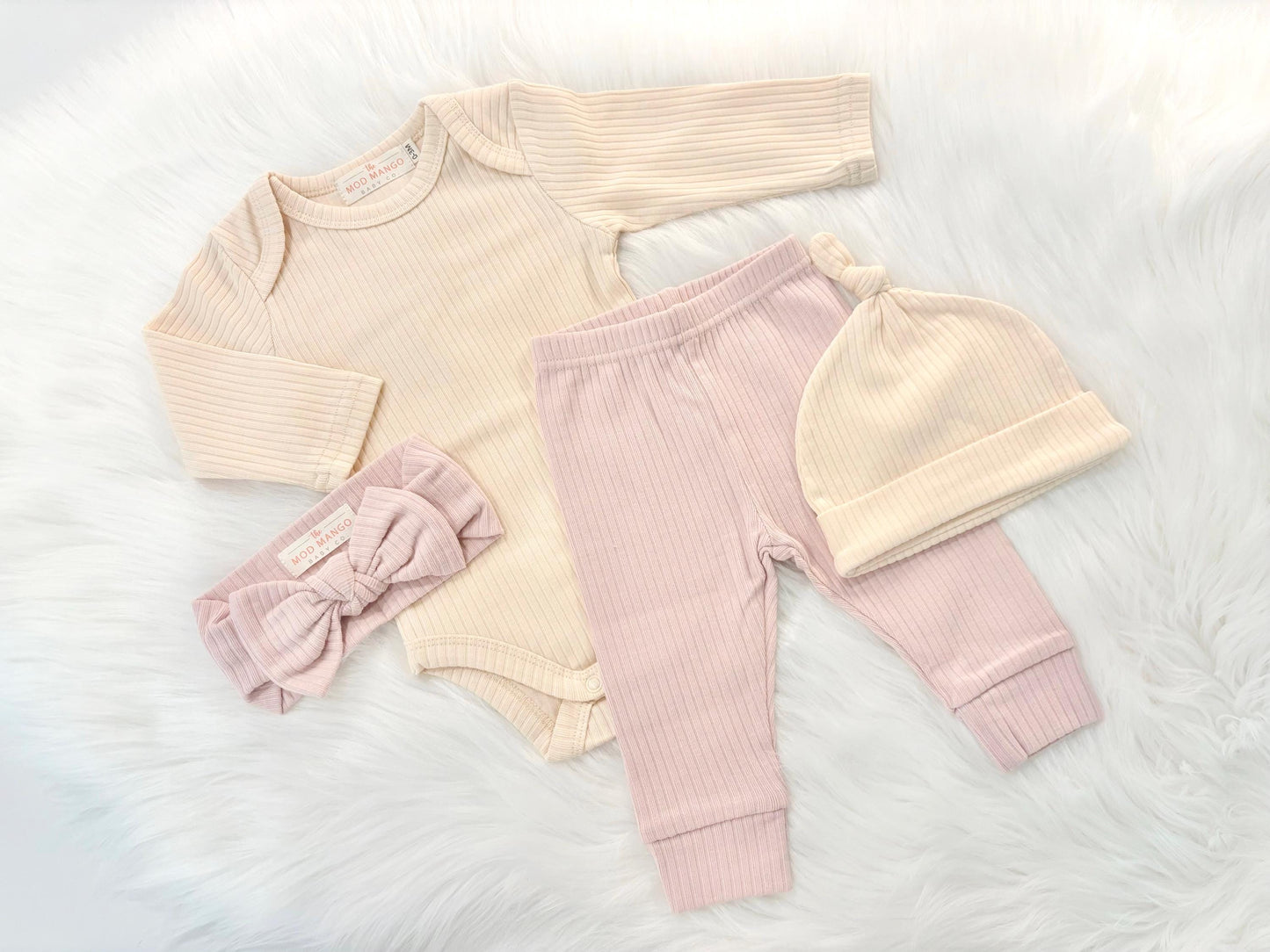 newborn baby girl twins outfit baby shower gift set bodysuit onesie hat leggings pants headband bow gift set, coming home outfit, going home outfit, take home outfit, newborn hospital basics, girl baby shower gift, organic cotton ribbed romper tie hat long sleeves boutique baby gift, twins, triplets' multiples outfits girl newborn baby khaki blush cream pink