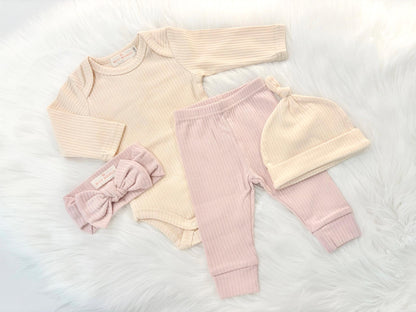 newborn baby girl twins outfit baby shower gift set bodysuit onesie hat leggings pants headband bow gift set, coming home outfit, going home outfit, take home outfit, newborn hospital basics, girl baby shower gift, organic cotton ribbed romper tie hat long sleeves boutique baby gift, twins, triplets' multiples outfits girl newborn baby khaki blush cream pink