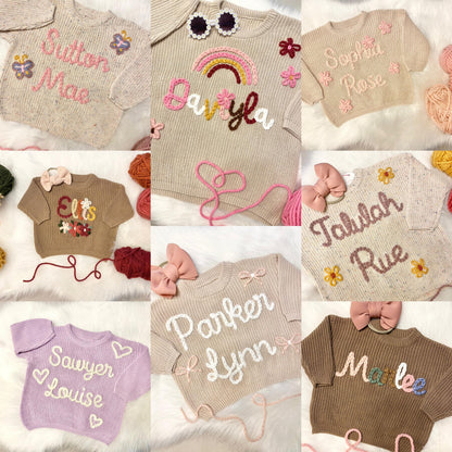 hand stitched Baby Girls Chunky Knit Hand Embroidered Custom Baby Name Sweater, Oversized Sweater for Baby girls, toddler girls sweater, baby boys sweater, toddler boys sweater, colorful, rainbow letter neutral beige cream sweater with name for baby