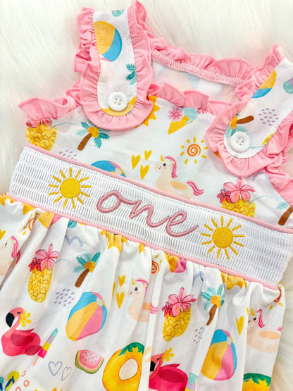 one in the sun first birthday outfit bubble romper hot pink pool party and bows first birthday girl romper pink ruffle beach baby outfit, girls sunshine sun smocked bubble romper first birthday summer bows ruffle embroidered smocked beach ball floaties 1st birthday outfit romper baby girl cake smash outfit summertime, pink turquoise yellow pineapple