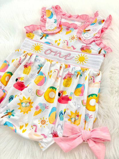 one in the sun first birthday outfit bubble romper hot pink pool party and bows first birthday girl romper pink ruffle beach baby outfit, girls sunshine sun smocked bubble romper first birthday summer bows ruffle embroidered smocked beach ball floaties 1st birthday outfit romper baby girl cake smash outfit summertime, pink turquoise yellow pineapple