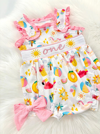 one in the sun first birthday outfit bubble romper hot pink pool party and bows first birthday girl romper pink ruffle beach baby outfit, girls sunshine sun smocked bubble romper first birthday summer bows ruffle embroidered smocked beach ball floaties 1st birthday outfit romper baby girl cake smash outfit summertime, pink turquoise yellow pineapple