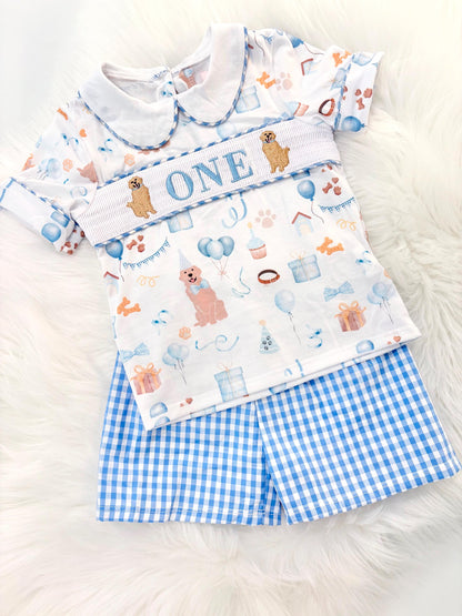 one golden year shirt first birthday boy shorts outfit blue white gingham blue tan beige gingham checkered outfit, ONE smocked bubble shirt first birthday puppy dog golden retriever, party puppy embroidered smocked 1st birthday outfit romper baby boys neutral blue and white shorts set