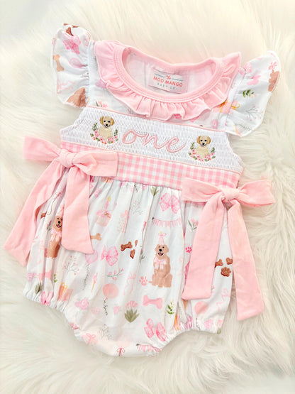 one golden year first birthday outfit bubble romper pink and white gingham and bows first birthday girl romper pink and white gingham outfit, girls golden retriever puppy dog sweet white smocked bubble romper first birthday spring summer bows ruffle embroidered smocked puppy 1st birthday outfit romper baby girl cake smash outfit