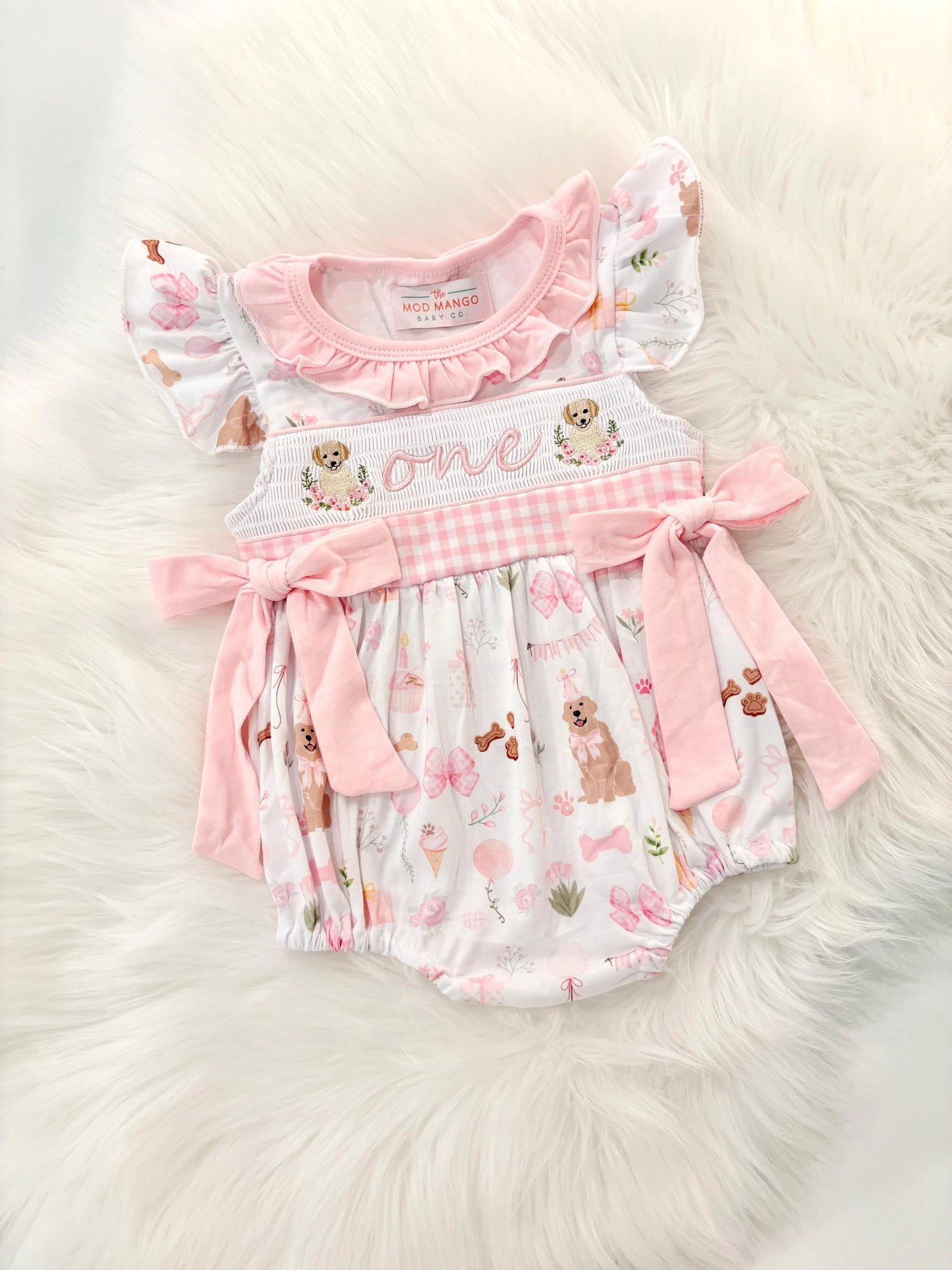one golden year first birthday outfit bubble romper pink and white gingham and bows first birthday girl romper pink and white gingham outfit, girls golden retriever puppy dog sweet white smocked bubble romper first birthday spring summer bows ruffle embroidered smocked puppy 1st birthday outfit romper baby girl cake smash outfit