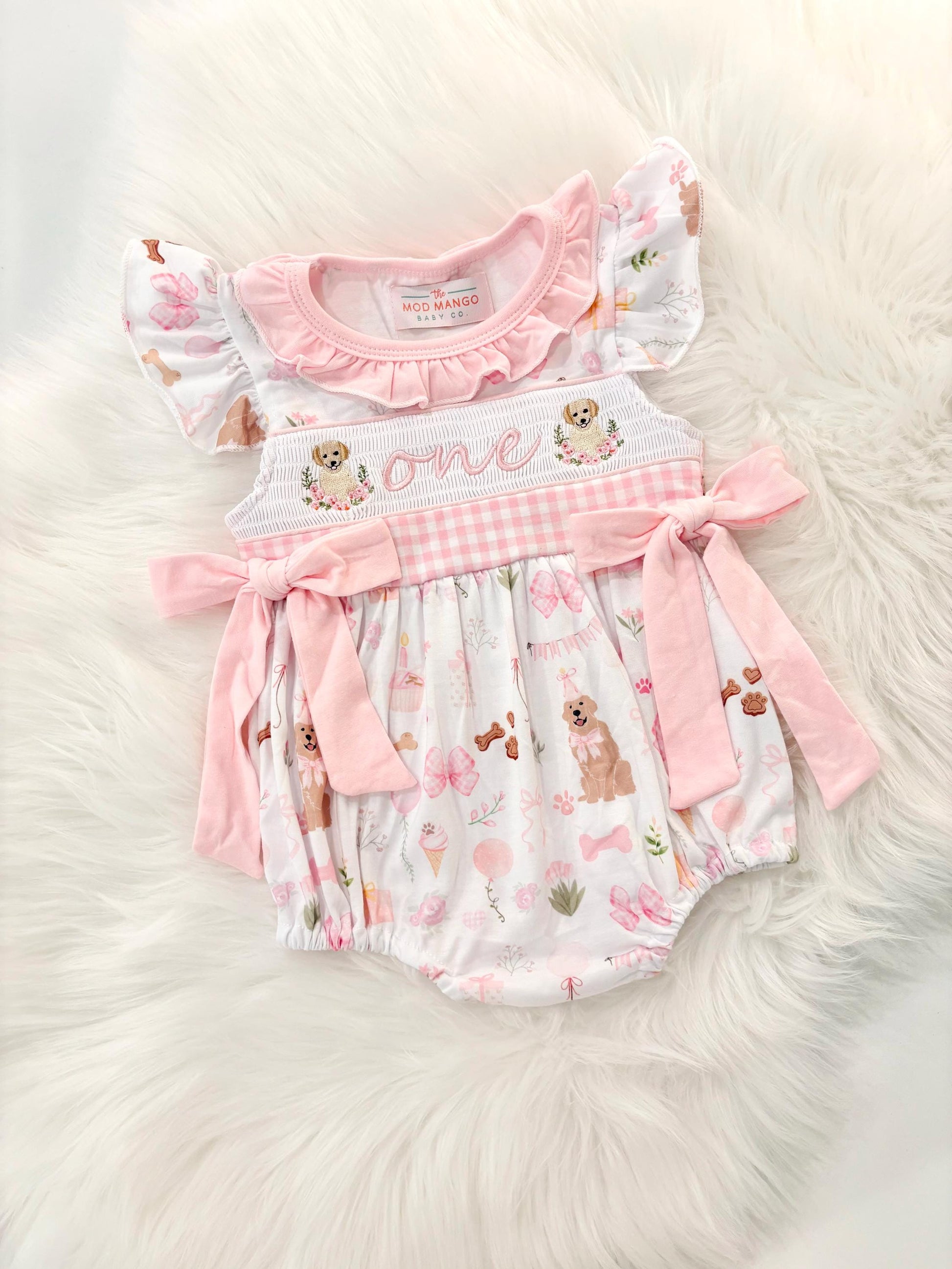 one golden year first birthday outfit bubble romper pink and white gingham and bows first birthday girl romper pink and white gingham outfit, girls golden retriever puppy dog sweet white smocked bubble romper first birthday spring summer bows ruffle embroidered smocked puppy 1st birthday outfit romper baby girl cake smash outfit