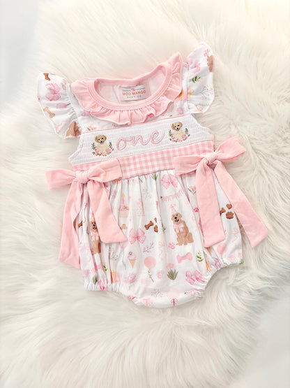 one golden year first birthday outfit bubble romper pink and white gingham and bows first birthday girl romper pink and white gingham outfit, girls golden retriever puppy dog sweet white smocked bubble romper first birthday spring summer bows ruffle embroidered smocked puppy 1st birthday outfit romper baby girl cake smash outfit