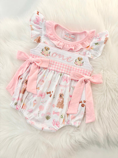 one golden year first birthday outfit bubble romper pink and white gingham and bows first birthday girl romper pink and white gingham outfit, girls golden retriever puppy dog sweet white smocked bubble romper first birthday spring summer bows ruffle embroidered smocked puppy 1st birthday outfit romper baby girl cake smash outfit, the mod mango baby boutique co
