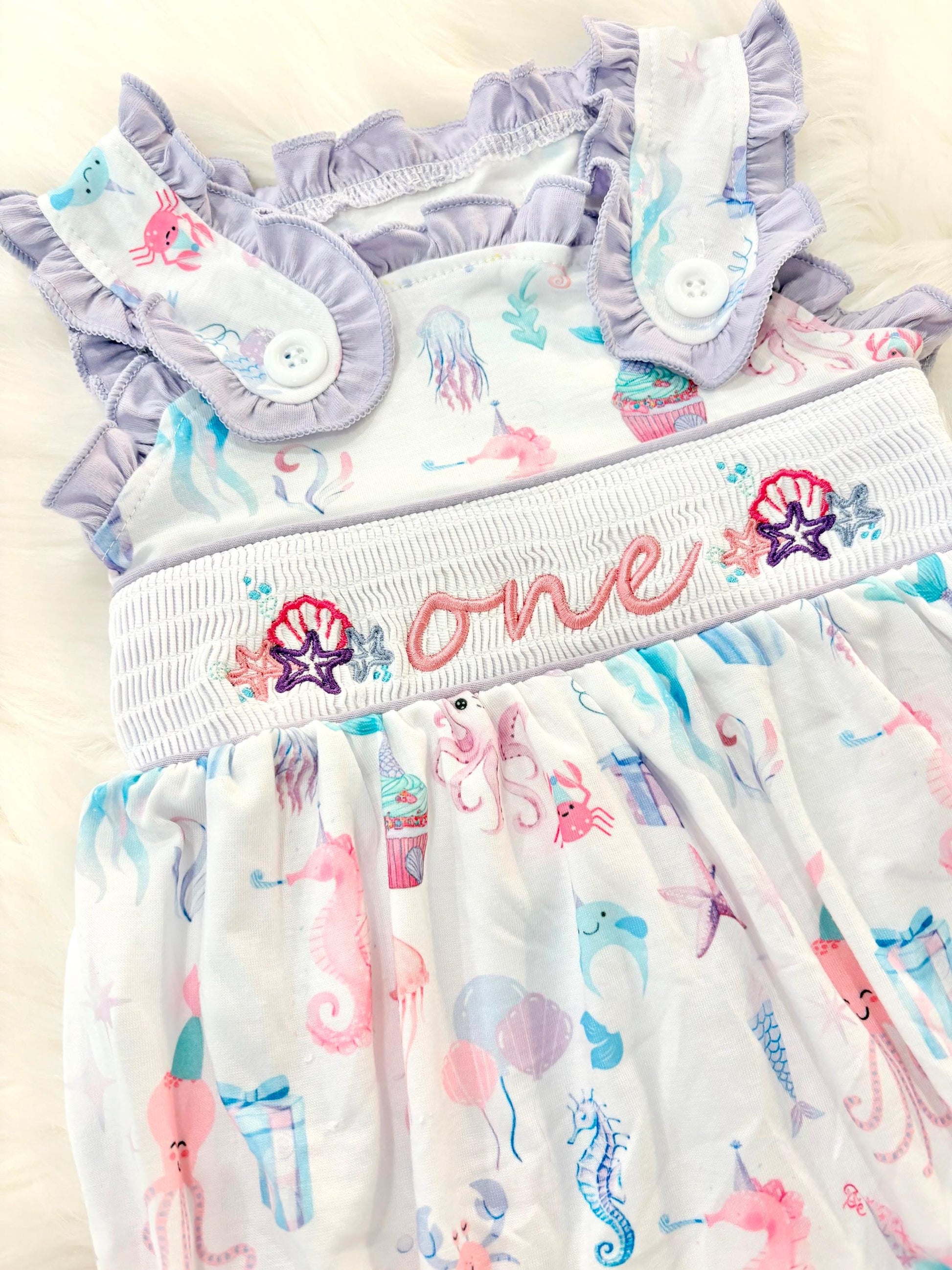 oneder the sea first birthday outfit bubble romper purple pink aqua turquoise ocean party and bows first birthday girl romper pink ruffle sea baby outfit, girls under the sea smocked bubble romper first birthday summer bows ruffle embroidered smocked seashell seahorse jellyfish 1st birthday outfit romper baby girl cake smash outfit summertime, pink turquoise yellow octopus