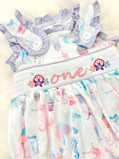 oneder the sea first birthday outfit bubble romper purple pink aqua turquoise ocean party and bows first birthday girl romper pink ruffle sea baby outfit, girls under the sea smocked bubble romper first birthday summer bows ruffle embroidered smocked seashell seahorse jellyfish 1st birthday outfit romper baby girl cake smash outfit summertime, pink turquoise yellow octopus