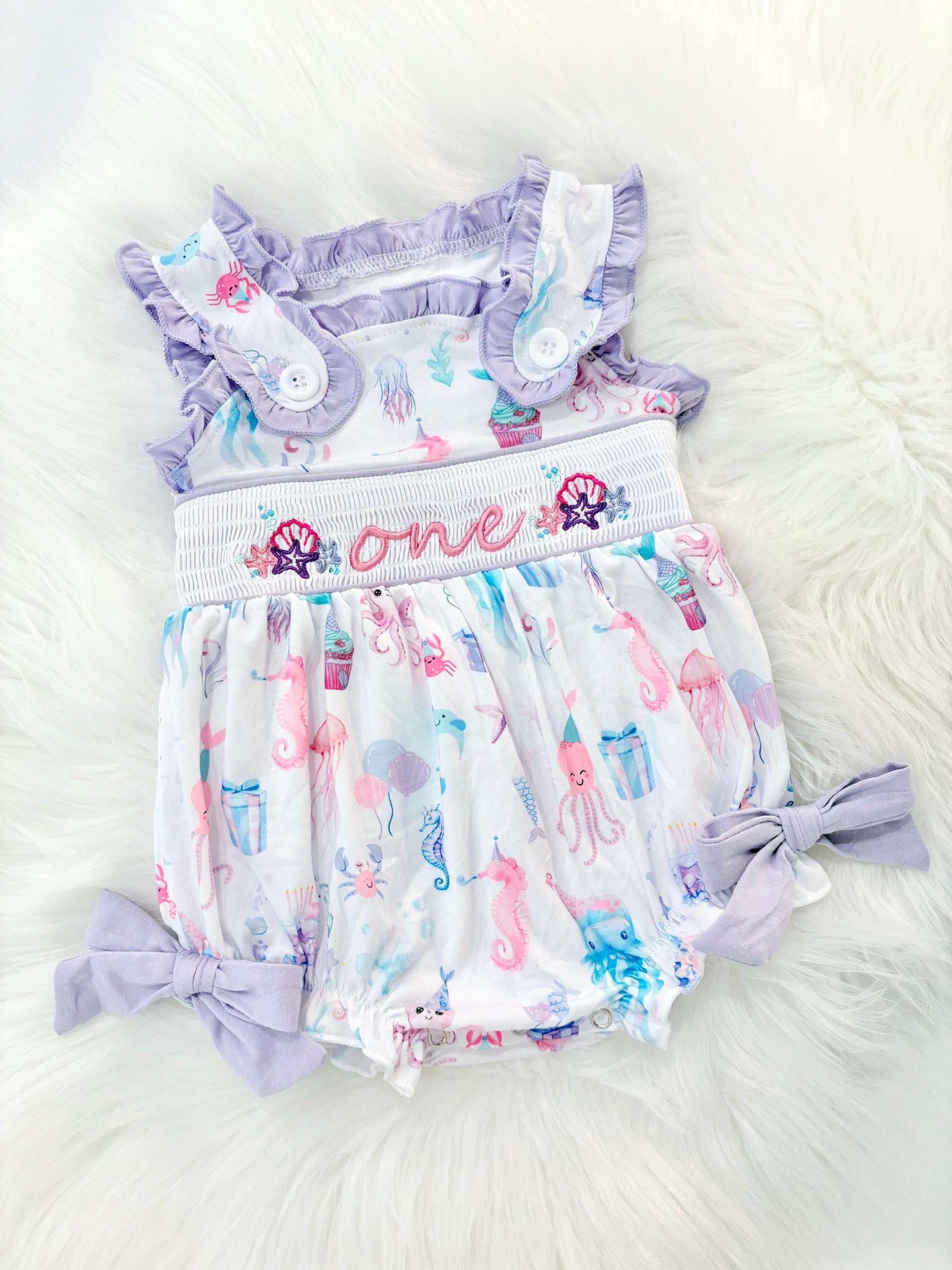 oneder the sea first birthday outfit bubble romper purple pink aqua turquoise ocean party and bows first birthday girl romper pink ruffle sea baby outfit, girls under the sea smocked bubble romper first birthday summer bows ruffle embroidered smocked seashell seahorse jellyfish 1st birthday outfit romper baby girl cake smash outfit summertime, pink turquoise yellow octopus