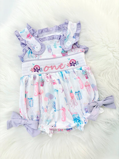 oneder the sea first birthday outfit bubble romper purple pink aqua turquoise ocean party and bows first birthday girl romper pink ruffle sea baby outfit, girls under the sea smocked bubble romper first birthday summer bows ruffle embroidered smocked seashell seahorse jellyfish 1st birthday outfit romper baby girl cake smash outfit summertime, pink turquoise yellow octopus