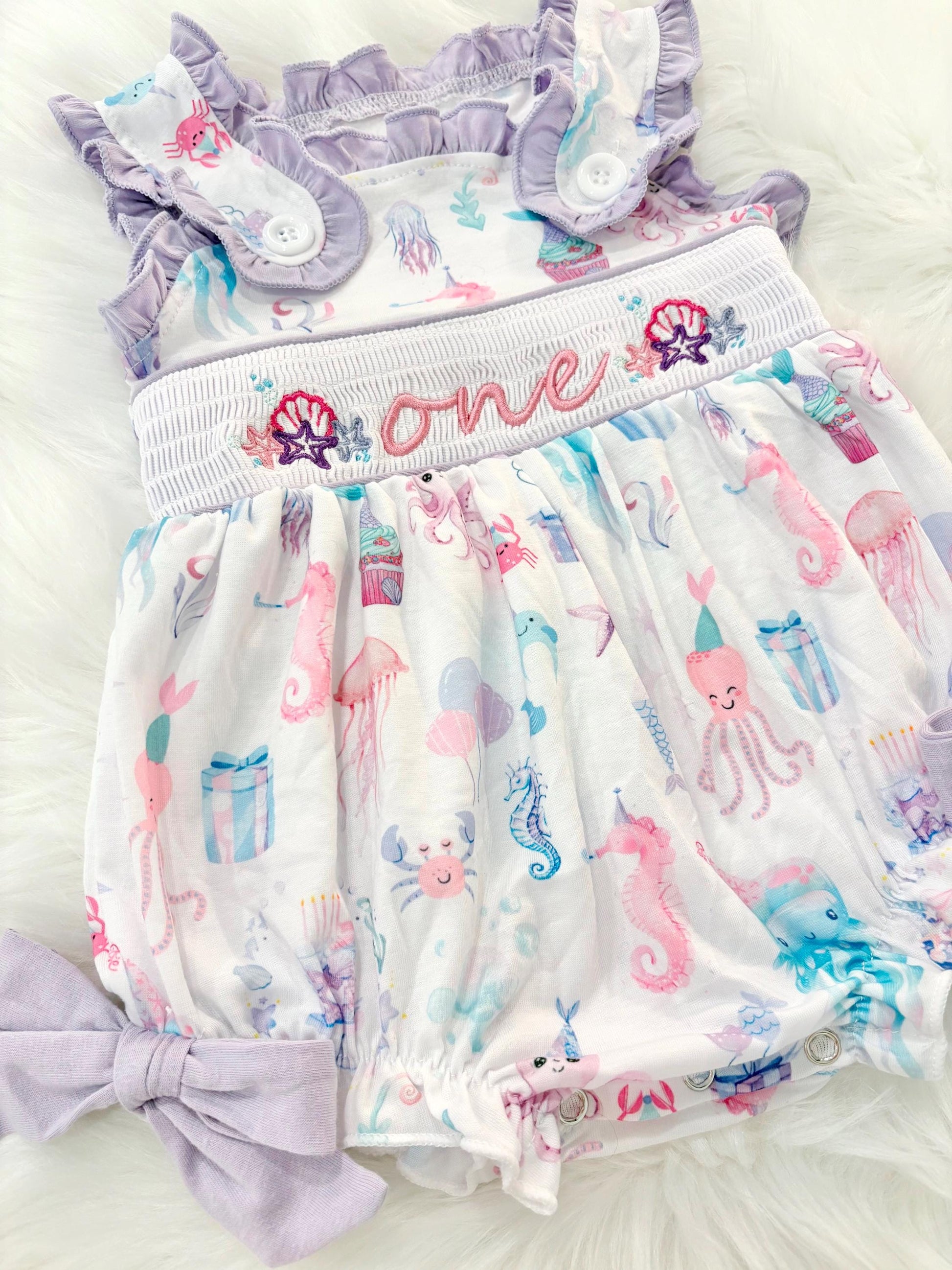 oneder the sea first birthday outfit bubble romper purple pink aqua turquoise ocean party and bows first birthday girl romper pink ruffle sea baby outfit, girls under the sea smocked bubble romper first birthday summer bows ruffle embroidered smocked seashell seahorse jellyfish 1st birthday outfit romper baby girl cake smash outfit summertime, pink turquoise yellow octopus