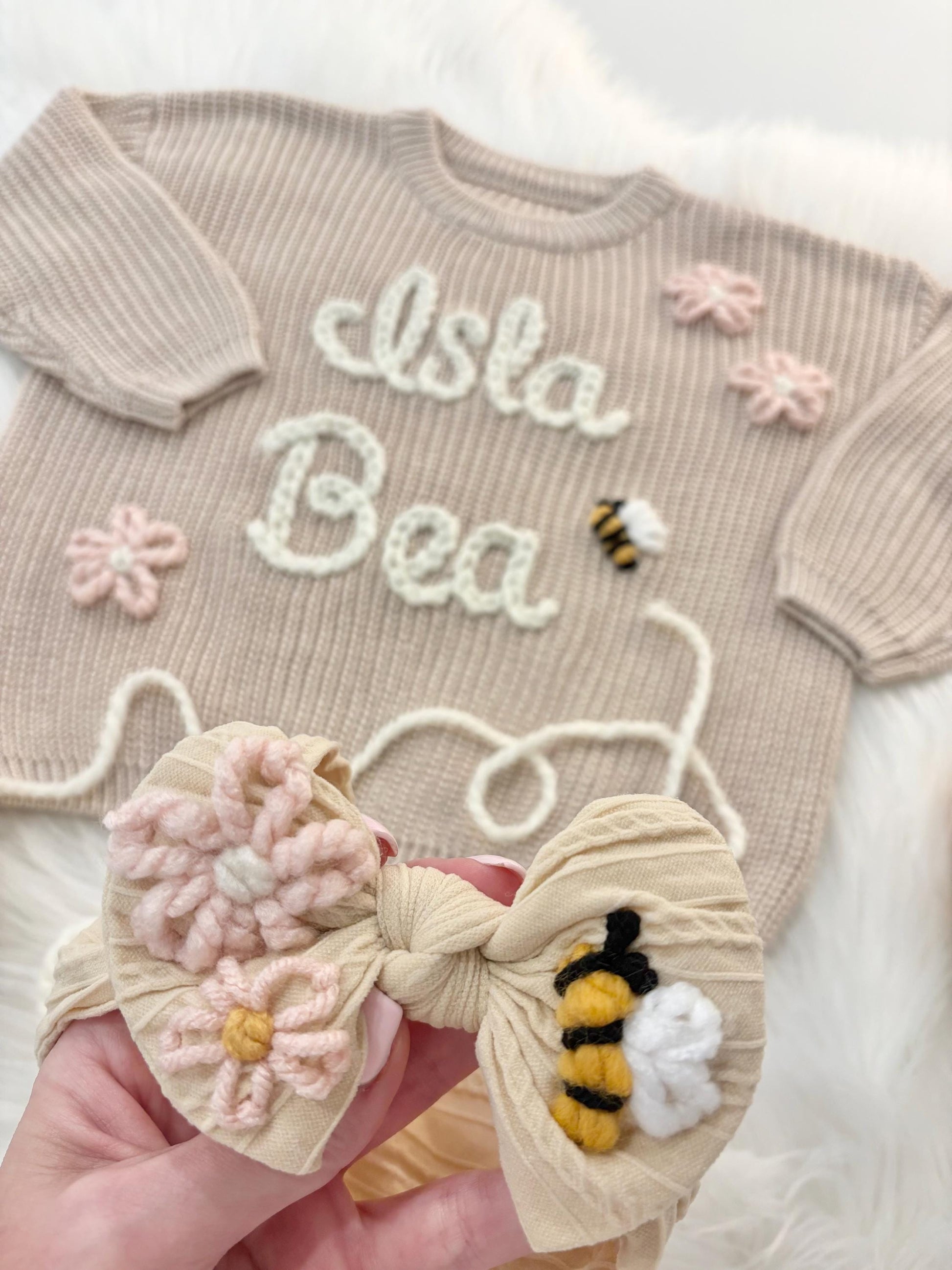Baby Girl custom bow headband hand embroidered to match sweater, nylon baby headband, toddler girls nylon headband, pink, purple cream ivory beige blue green gray orange tan brown beige light pink grey gray green blush, embroidered nylon headband bow baby girl toddler girl, baby girl custom hair accessory