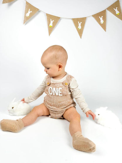 boys neutral tan brown cream beige boho First Birthday Outfit, 1st Birthday romper outfit baby boy, beary first, one happy camper, knitted knit baby romper, winter spring summer birthday, boho neutrals birthday boy suspenders outfit romper