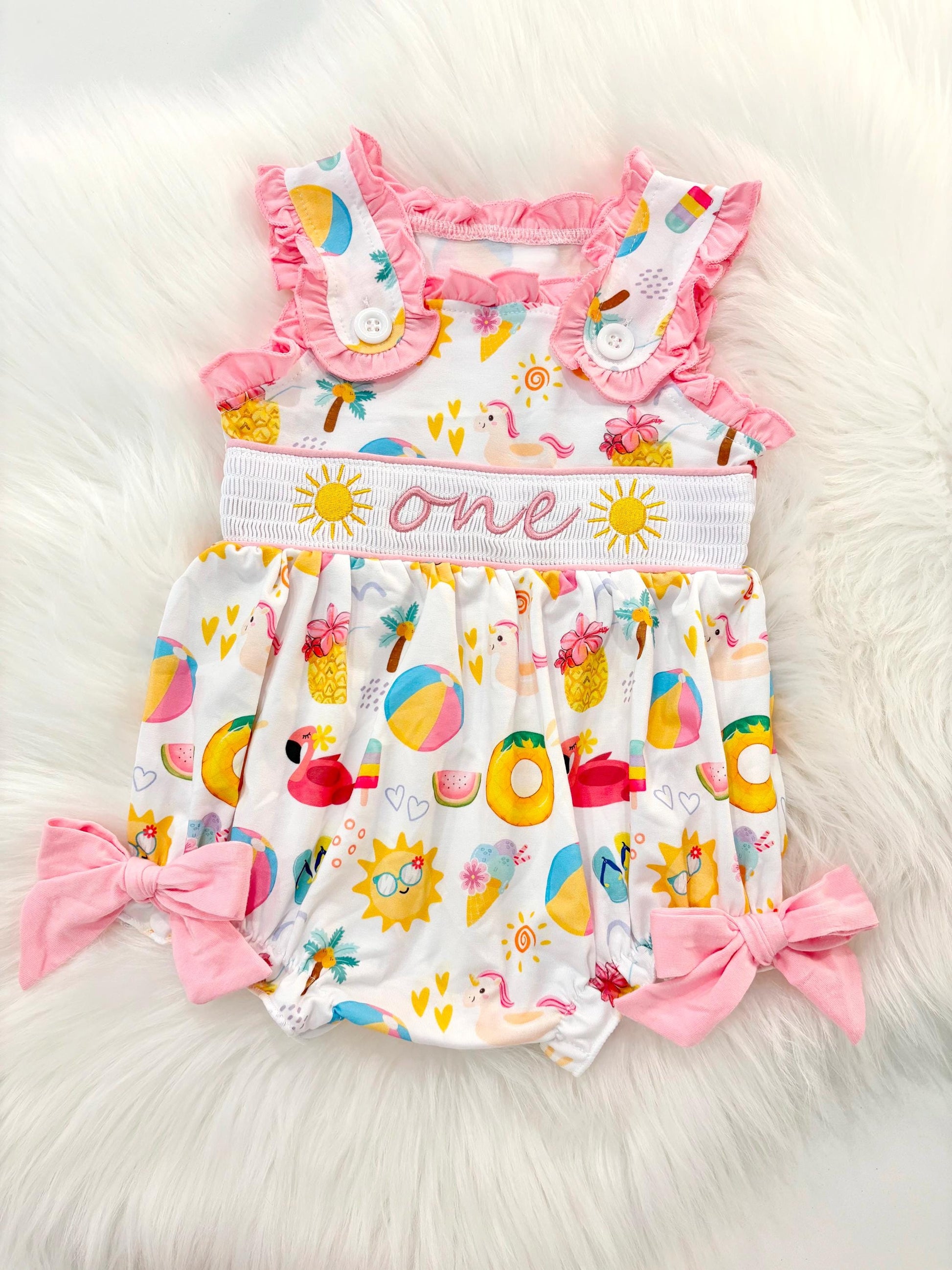 one in the sun first birthday outfit bubble romper hot pink pool party and bows first birthday girl romper pink ruffle beach baby outfit, girls sunshine sun smocked bubble romper first birthday summer bows ruffle embroidered smocked beach ball floaties 1st birthday outfit romper baby girl cake smash outfit summertime, pink turquoise yellow pineapple