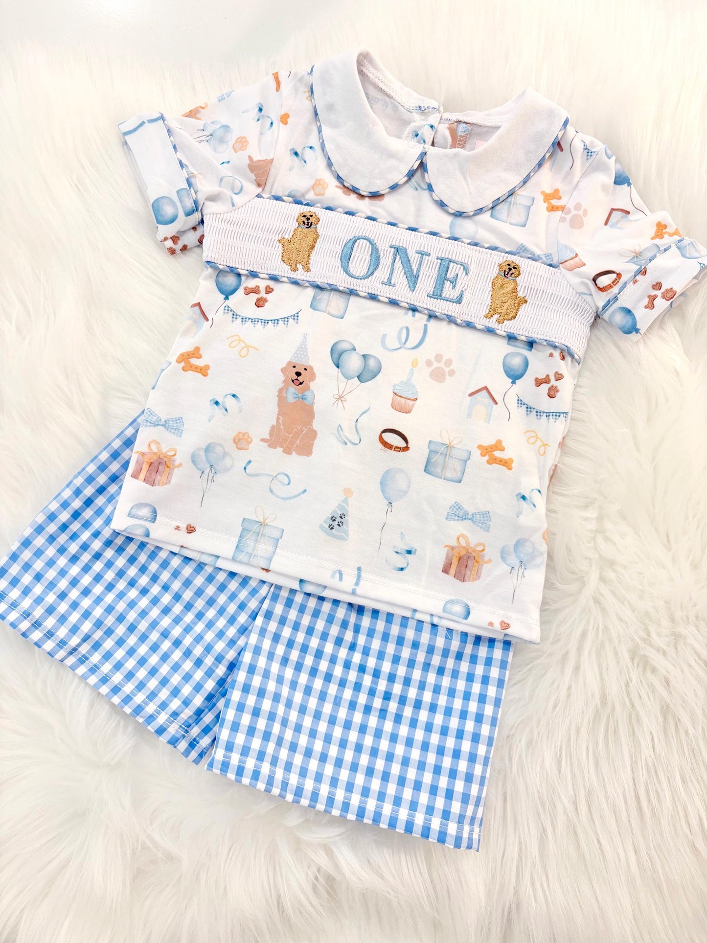 one golden year shirt first birthday boy shorts outfit blue white gingham blue tan beige gingham checkered outfit, ONE smocked bubble shirt first birthday puppy dog golden retriever, party puppy embroidered smocked 1st birthday outfit romper baby boys neutral blue and white shorts set