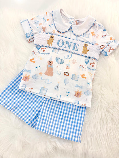 one golden year shirt first birthday boy shorts outfit blue white gingham blue tan beige gingham checkered outfit, ONE smocked bubble shirt first birthday puppy dog golden retriever, party puppy embroidered smocked 1st birthday outfit romper baby boys neutral blue and white shorts set