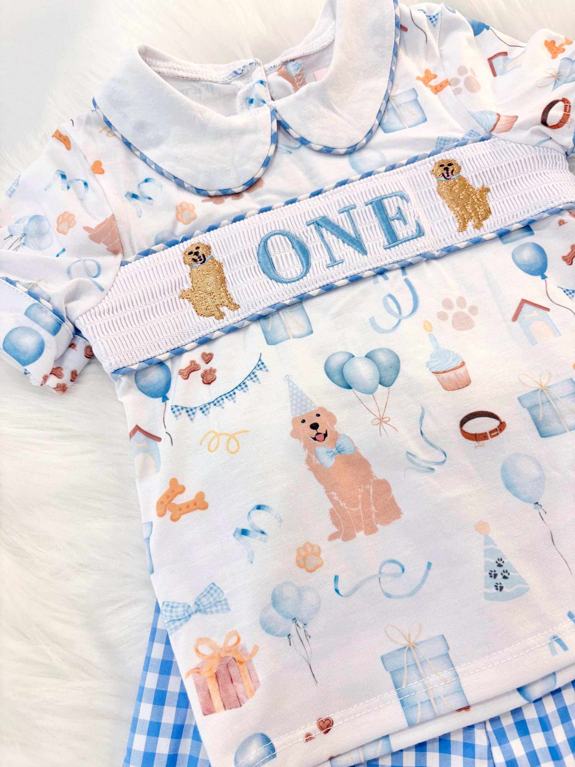 one golden year shirt first birthday boy shorts outfit blue white gingham blue tan beige gingham checkered outfit, ONE smocked bubble shirt first birthday puppy dog golden retriever, party puppy embroidered smocked 1st birthday outfit romper baby boys neutral blue and white shorts set