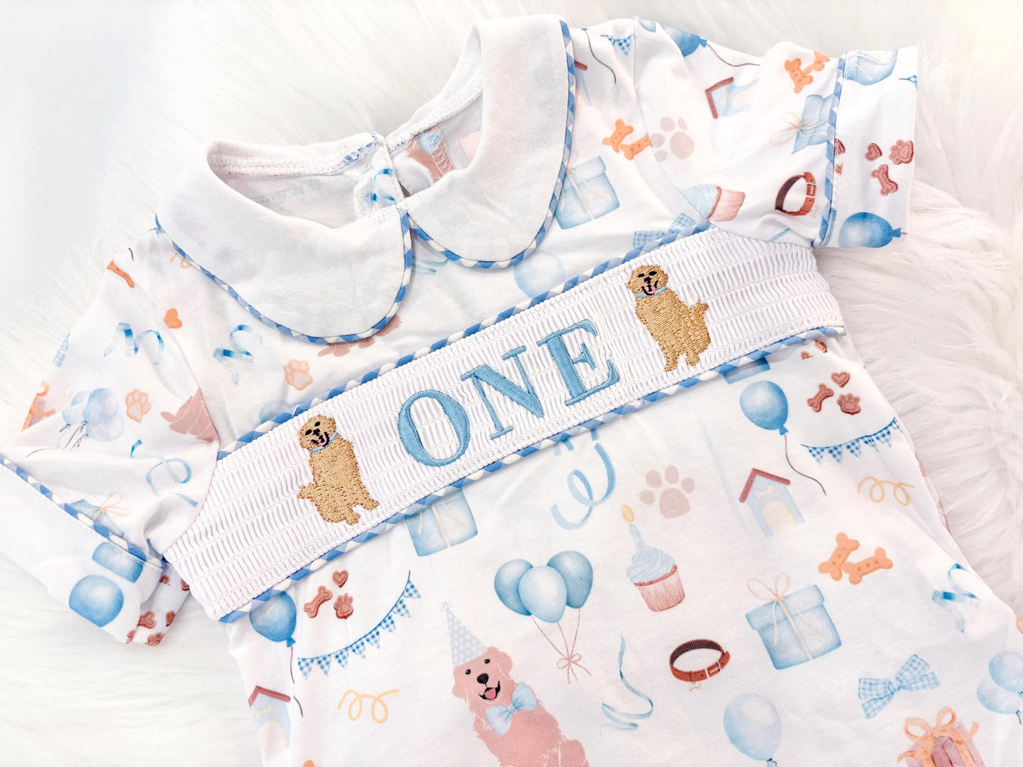 one golden year shirt first birthday boy shorts outfit blue white gingham blue tan beige gingham checkered outfit, ONE smocked bubble shirt first birthday puppy dog golden retriever, party puppy embroidered smocked 1st birthday outfit romper baby boys neutral blue and white shorts set