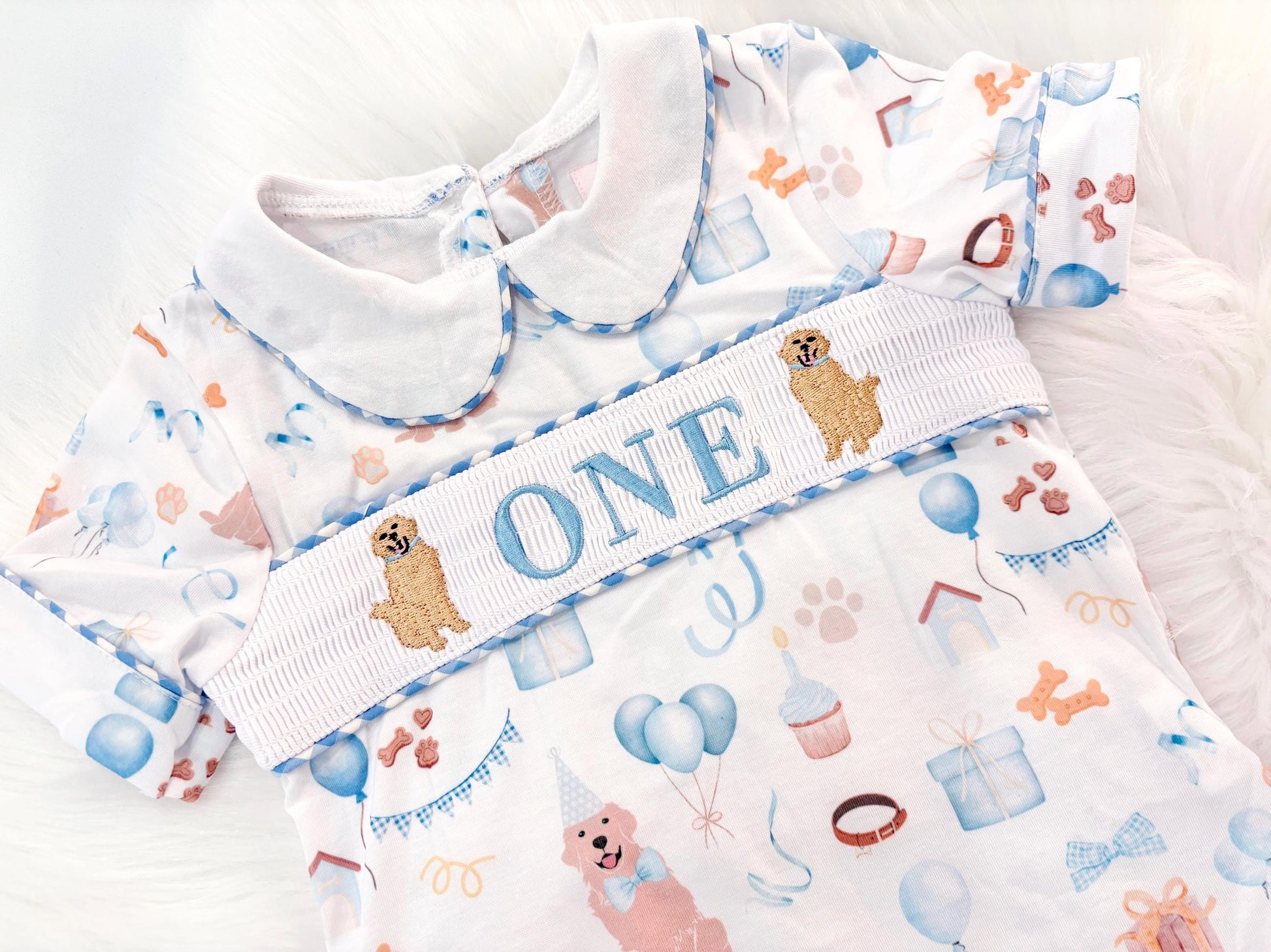one golden year shirt first birthday boy shorts outfit blue white gingham blue tan beige gingham checkered outfit, ONE smocked bubble shirt first birthday puppy dog golden retriever, party puppy embroidered smocked 1st birthday outfit romper baby boys neutral blue and white shorts set