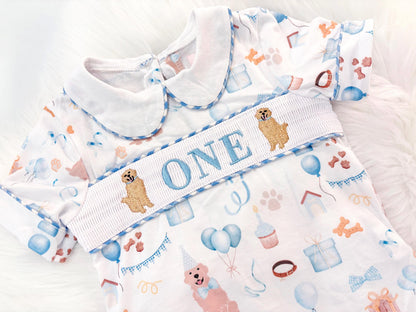 one golden year shirt first birthday boy shorts outfit blue white gingham blue tan beige gingham checkered outfit, ONE smocked bubble shirt first birthday puppy dog golden retriever, party puppy embroidered smocked 1st birthday outfit romper baby boys neutral blue and white shorts set