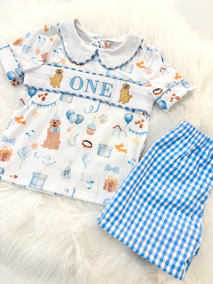 one golden year shirt first birthday boy shorts outfit blue white gingham blue tan beige gingham checkered outfit, ONE smocked bubble shirt first birthday puppy dog golden retriever, party puppy embroidered smocked 1st birthday outfit romper baby boys neutral blue and white shorts set