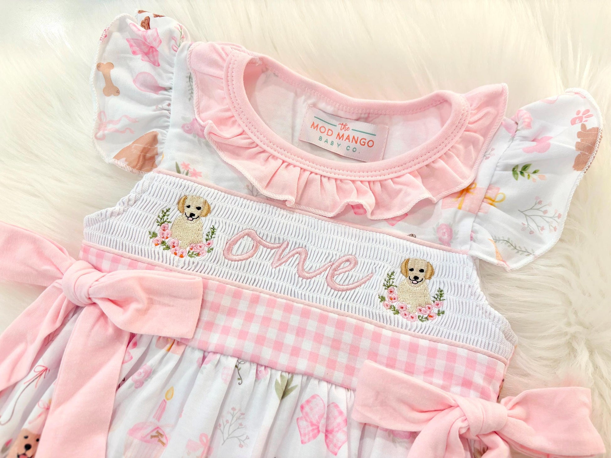 one golden year first birthday outfit bubble romper pink and white gingham and bows first birthday girl romper pink and white gingham outfit, girls golden retriever puppy dog sweet white smocked bubble romper first birthday spring summer bows ruffle embroidered smocked puppy 1st birthday outfit romper baby girl cake smash outfit