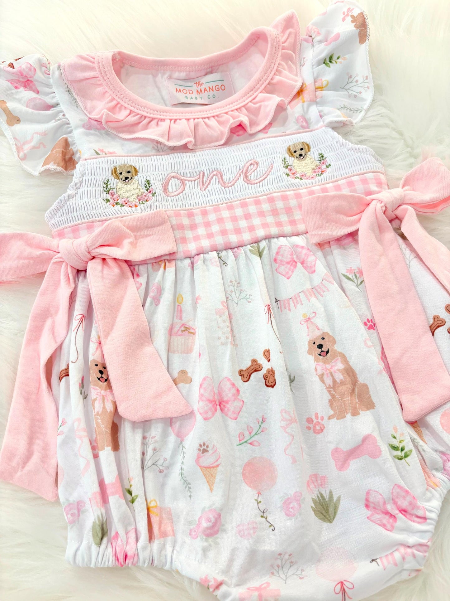 one golden year first birthday outfit bubble romper pink and white gingham and bows first birthday girl romper pink and white gingham outfit, girls golden retriever puppy dog sweet white smocked bubble romper first birthday spring summer bows ruffle embroidered smocked puppy 1st birthday outfit romper baby girl cake smash outfit