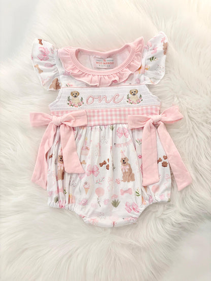 one golden year first birthday outfit bubble romper pink and white gingham and bows first birthday girl romper pink and white gingham outfit, girls golden retriever puppy dog sweet white smocked bubble romper first birthday spring summer bows ruffle embroidered smocked puppy 1st birthday outfit romper baby girl cake smash outfit