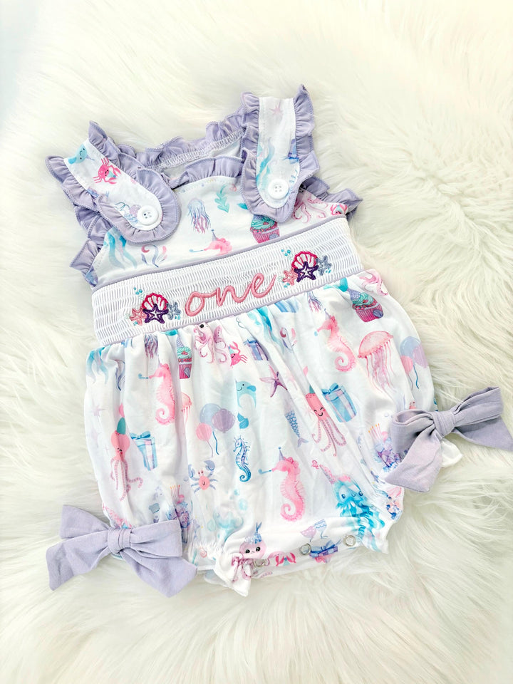 oneder the sea first birthday outfit bubble romper mermaid purple pink aqua turquoise ocean party and bows first birthday girl romper pink ruffle sea baby outfit, girls under the sea smocked bubble romper first birthday summer bows ruffle embroidered smocked seashell seahorse jellyfish 1st birthday outfit romper baby girl cake smash outfit summertime, pink turquoise yellow octopus, the mod mango baby boutique co