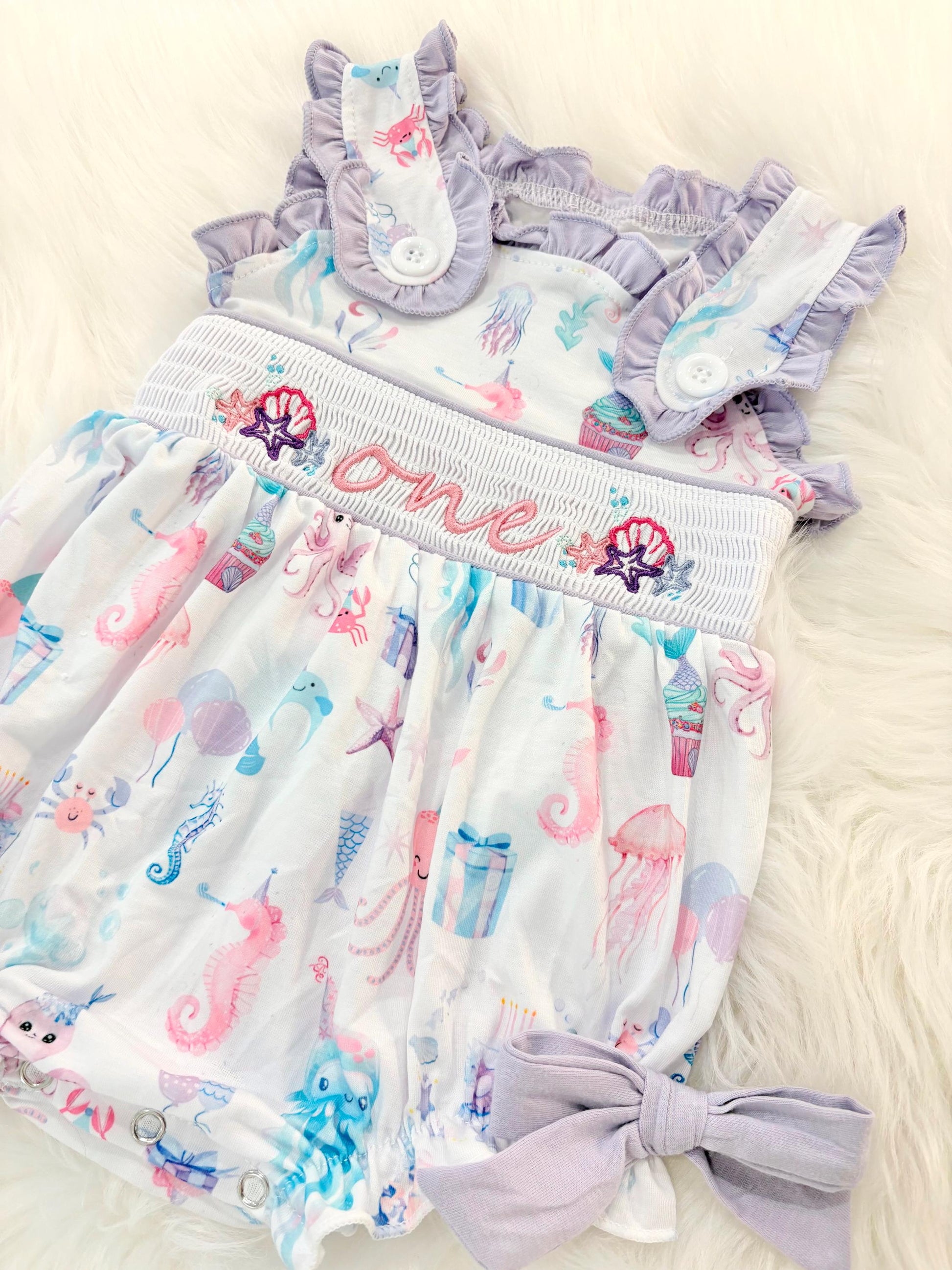 oneder the sea first birthday outfit bubble romper purple pink aqua turquoise ocean party and bows first birthday girl romper pink ruffle sea baby outfit, girls under the sea smocked bubble romper first birthday summer bows ruffle embroidered smocked seashell seahorse jellyfish 1st birthday outfit romper baby girl cake smash outfit summertime, pink turquoise yellow octopus